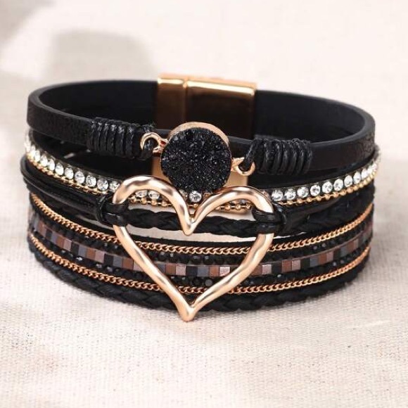 Black Rhinestone Druzy and. Heart Faux Leather Fashion Bracelet BR03 - Picture 2 of 3